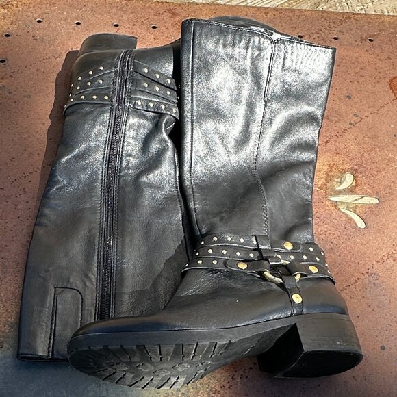 Nine West Tall Black Leather Boots with Gold Ring and Stud Ankle Wrap - Picture 1 of 9